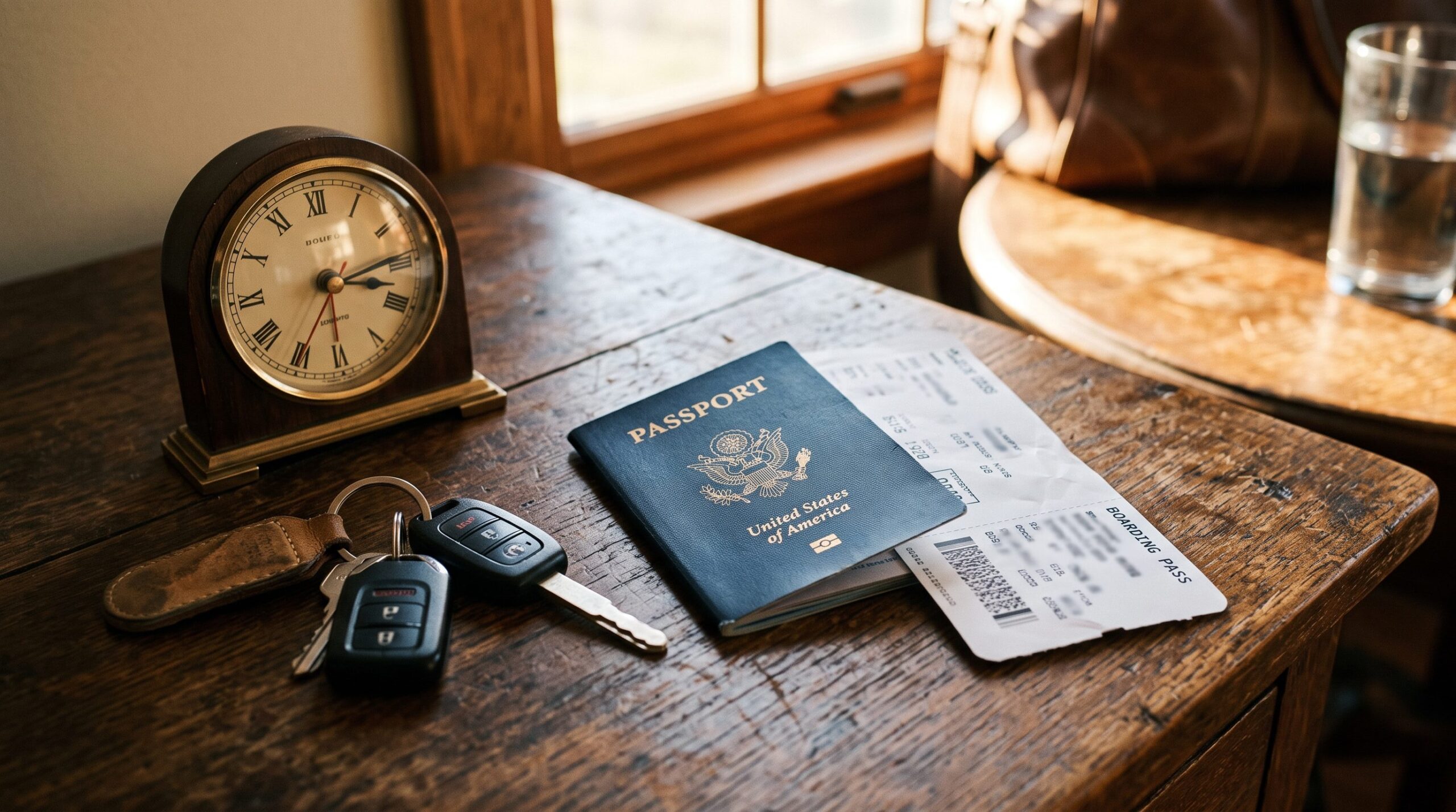 US passport and boarding pass beside a desk clock, representing expedited passport processing