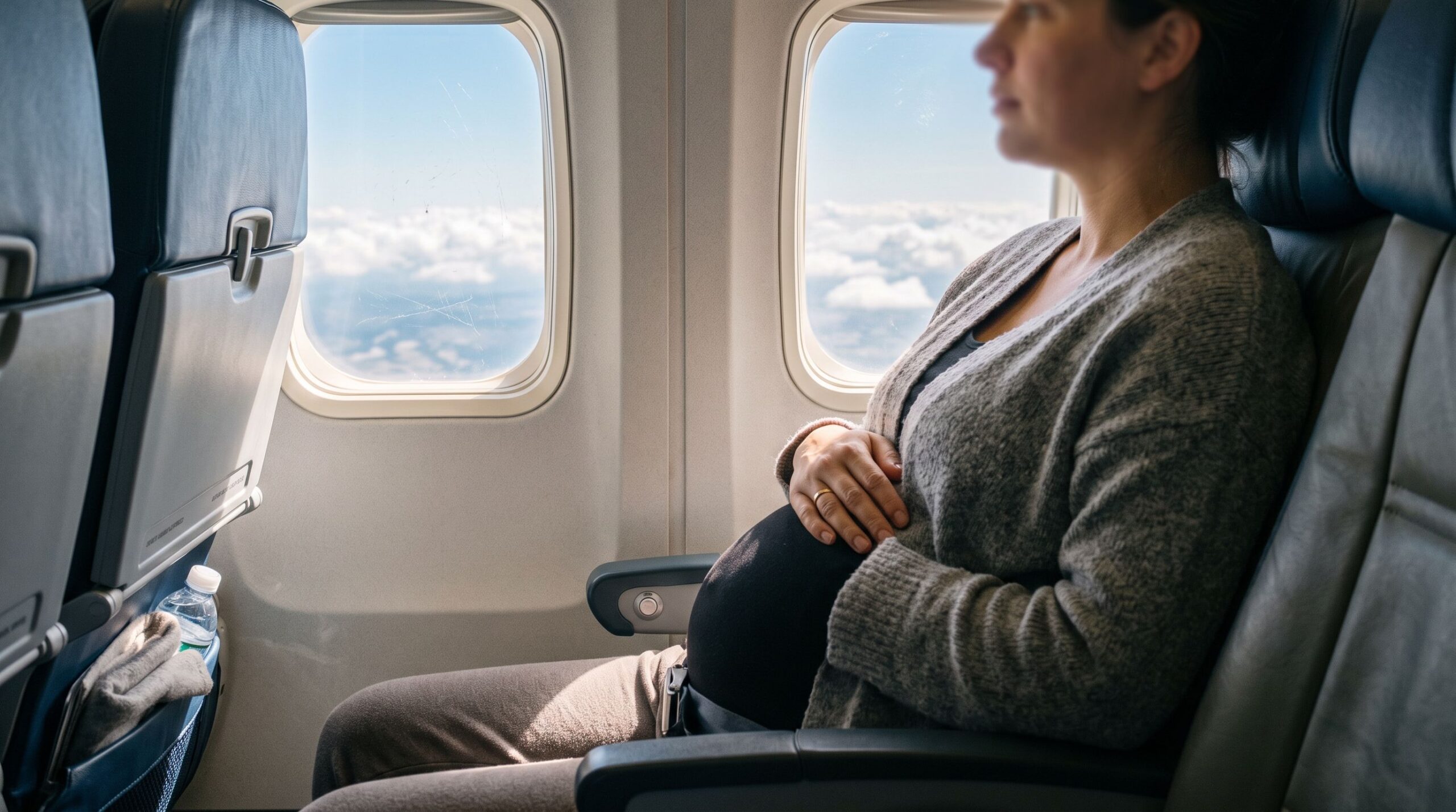 Pregnant traveler seated by an airplane window in soft daylight, representing flying while pregnant guidance