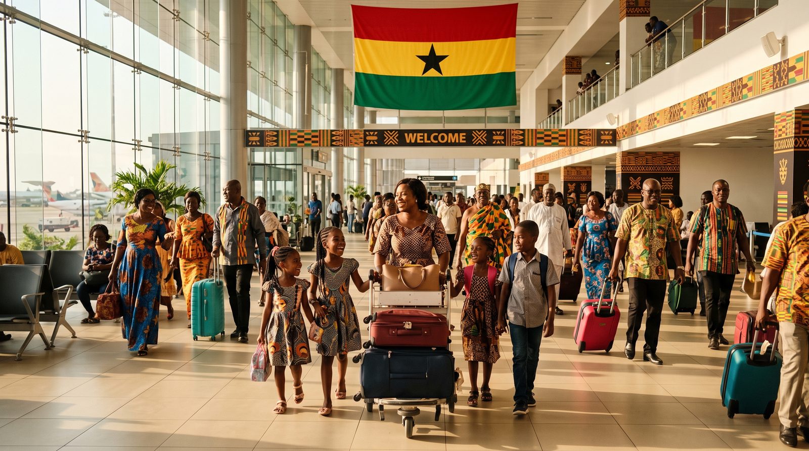 African travelers arriving at a Ghanaian airport under the national flag
