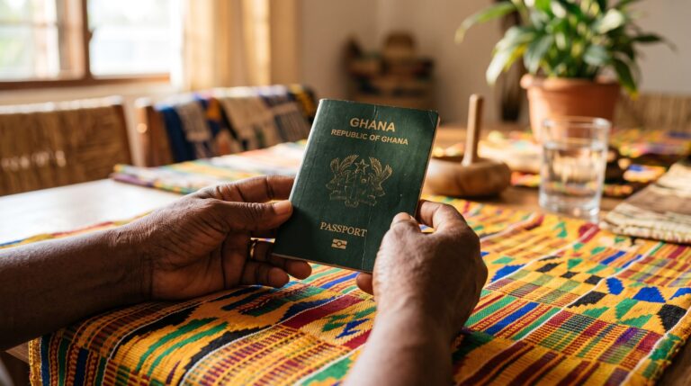 Hands holding a Ghanaian passport over kente cloth, representing the Ghana passport application guide