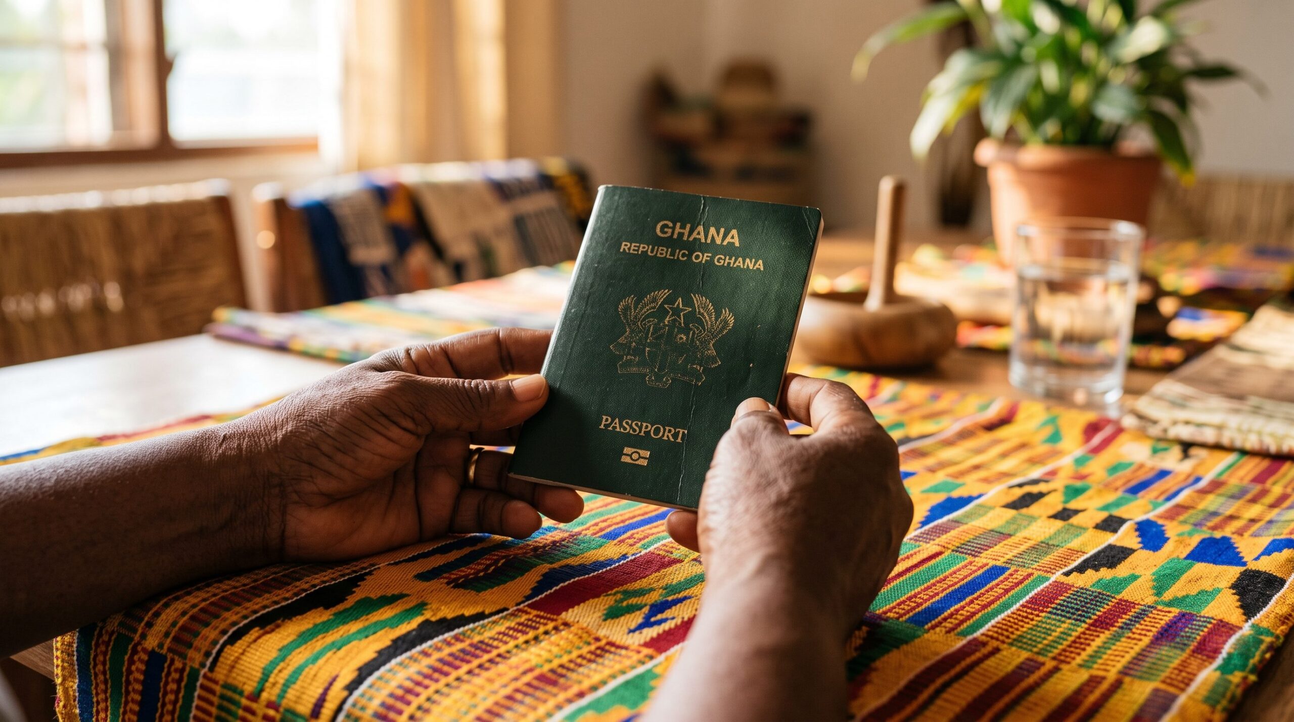 Hands holding a Ghanaian passport over kente cloth, representing the Ghana passport application guide
