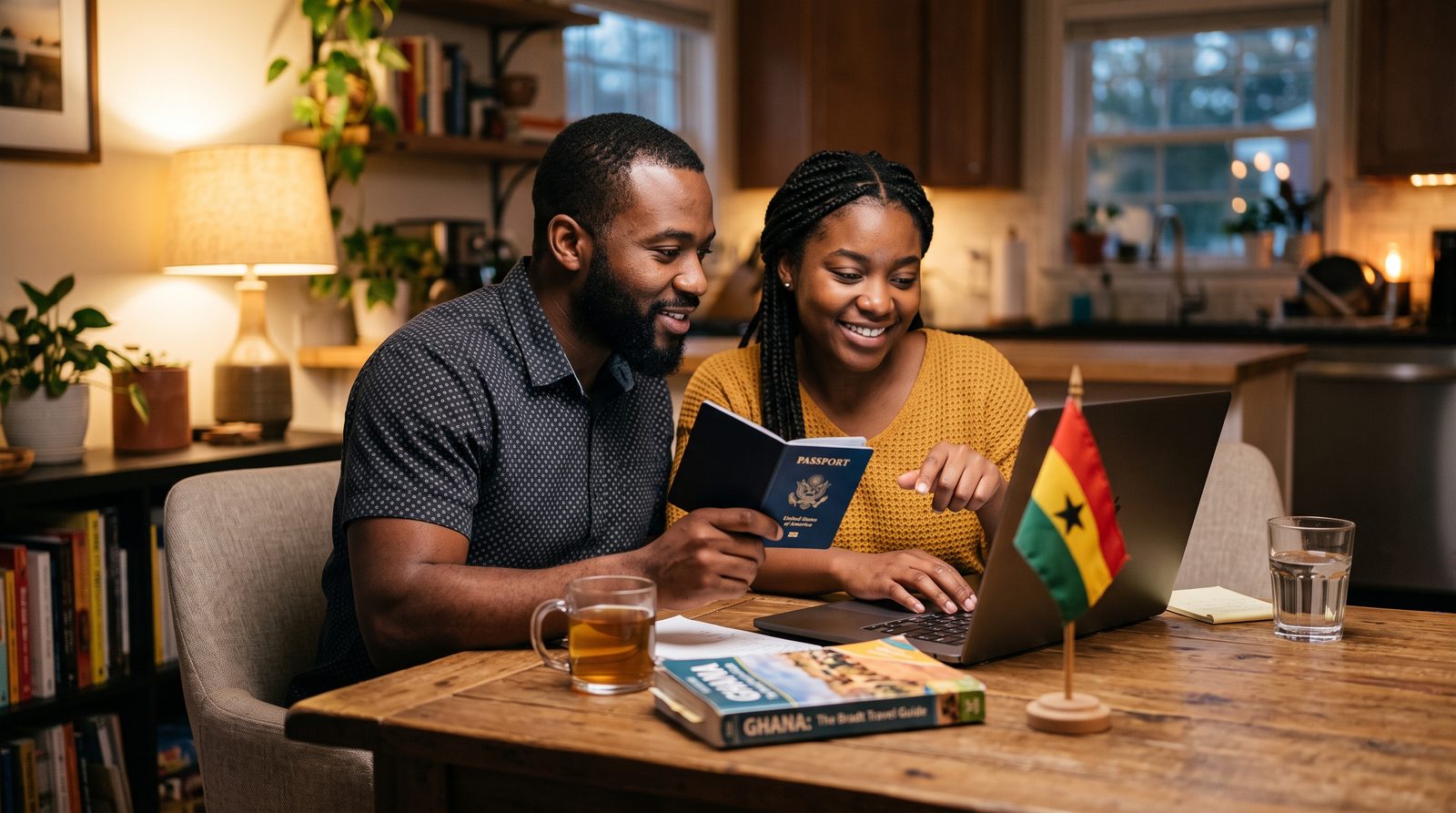 American couple applying for Ghana's e-visa online with a US passport and Ghana flag on the table