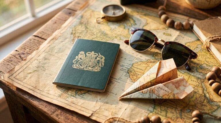 Ghanaian passport on a world map with a paper airplane, representing visa-free countries for Ghana passport holders