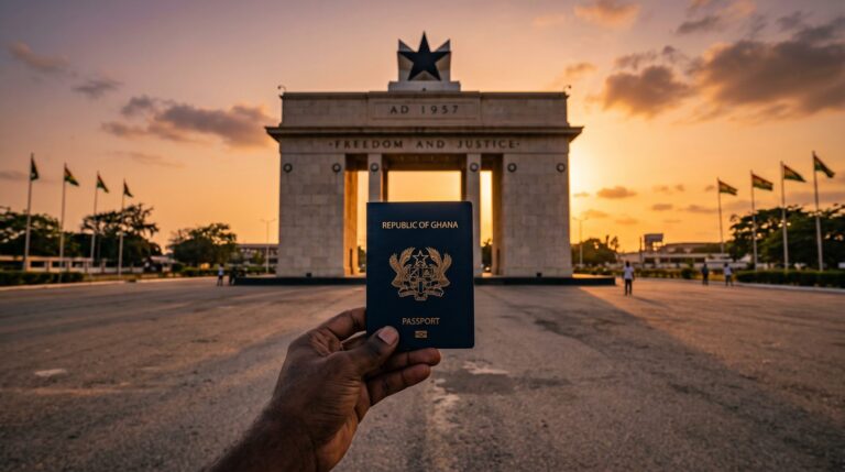 Ghanaian passport held up before the Independence Arch in Accra at golden hour