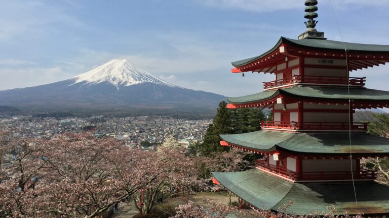 Chureito Pagoda with Mount Fuji rising behind it, Japan