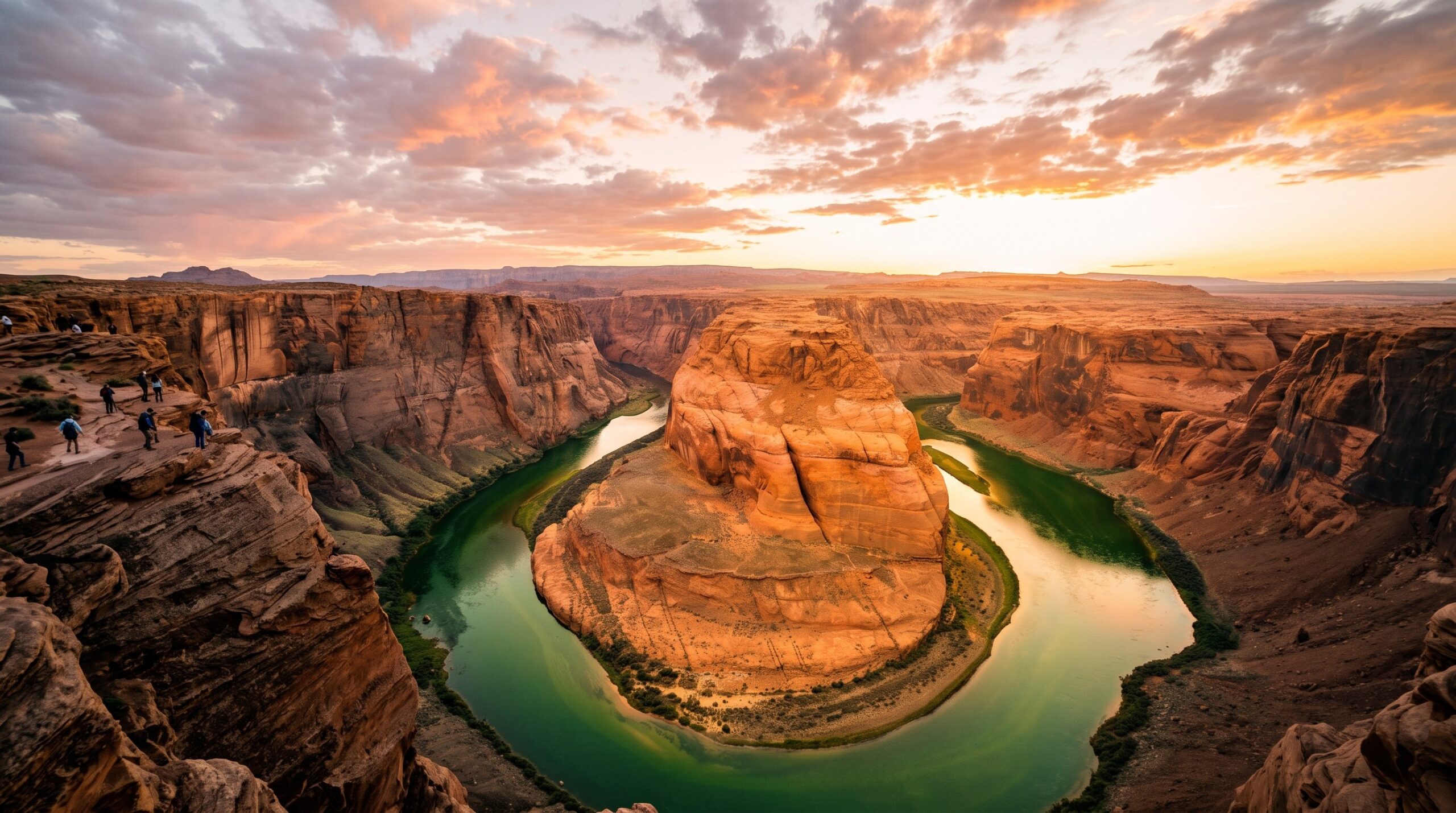 Horseshoe Bend at golden hour, the Colorado River curving below sandstone cliffs in Arizona