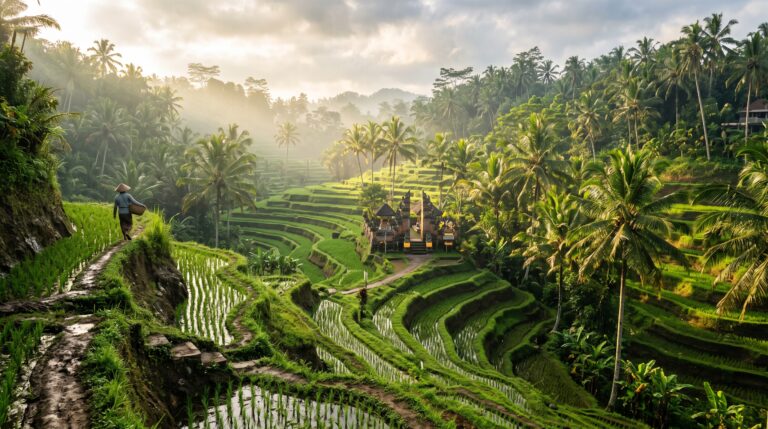 Tegallalang rice terraces in Ubud, Bali at sunrise with a traditional temple gate