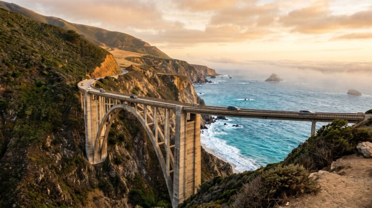 Bixby Creek Bridge on the Big Sur coast at golden hour, Highway 1 California