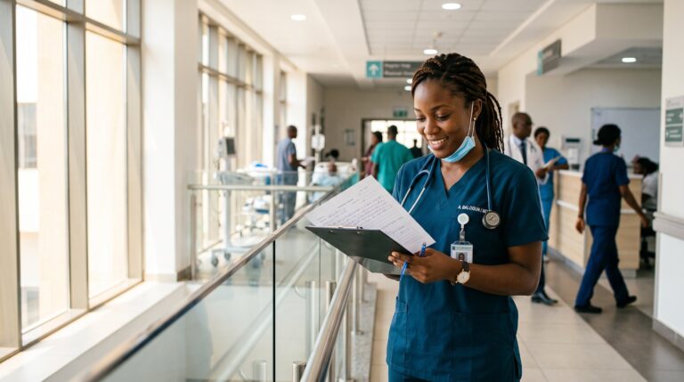 Young African doctor in scrubs reviewing notes in a modern hospital — routes for doctors to work abroad in 2026