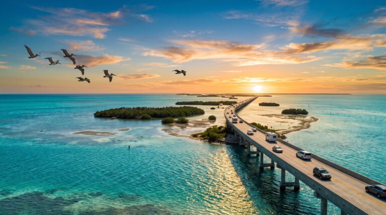Overseas Highway bridge crossing turquoise water in the Florida Keys at golden hour
