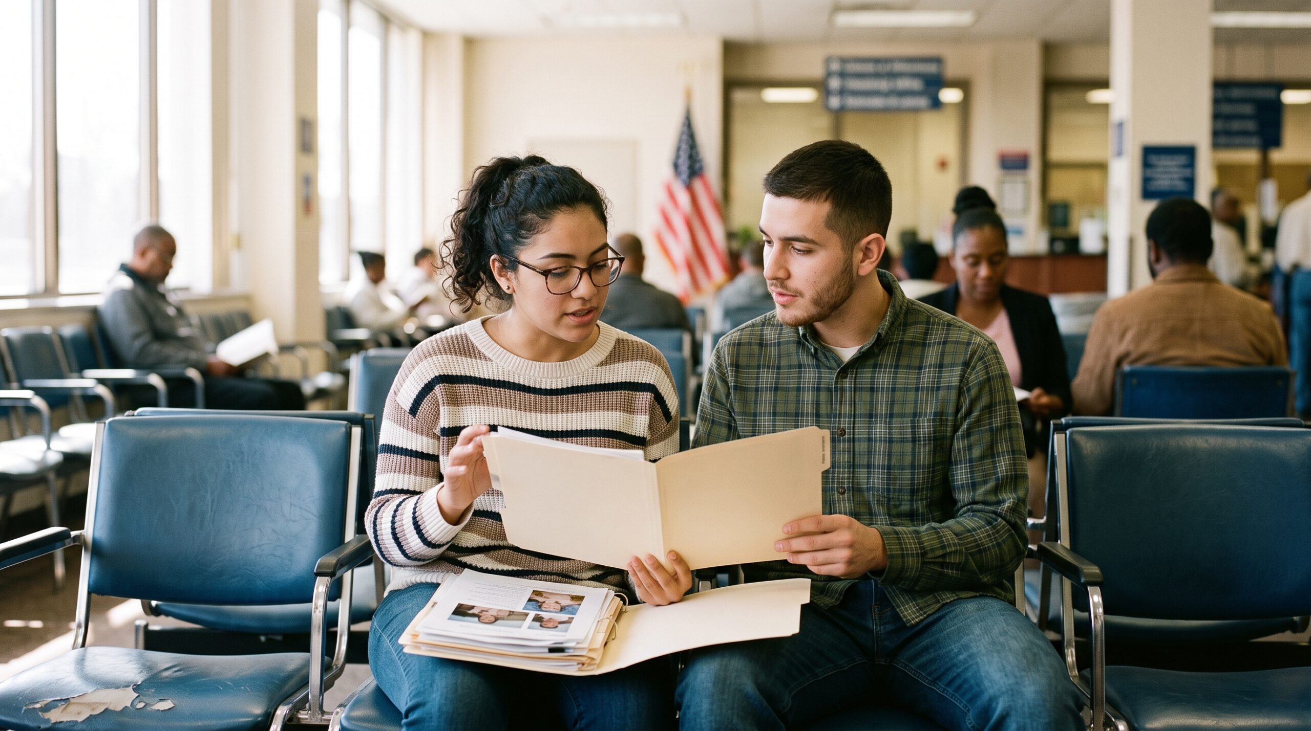 Couple reviewing their documents folder while waiting for a green card interview at a USCIS field office