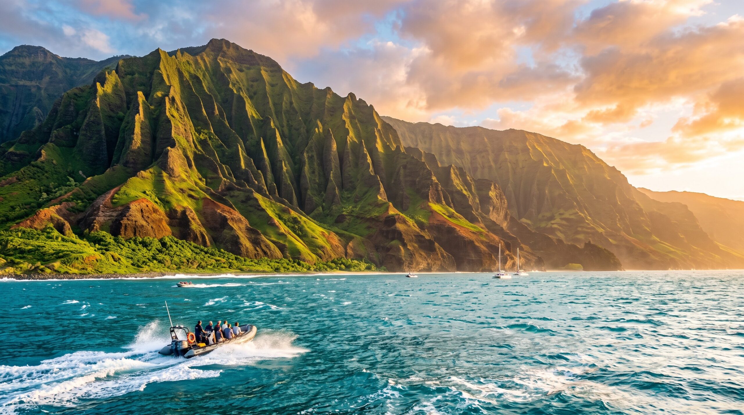 Na Pali Coast cliffs of Kauai at golden hour, Hawaii