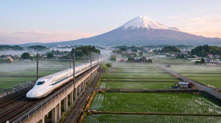 Shinkansen bullet train passing Mount Fuji at dawn — gateway image for the Japan travel hub