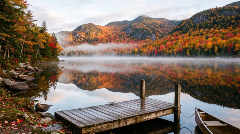 Adirondack lake reflecting peak autumn foliage in New York State