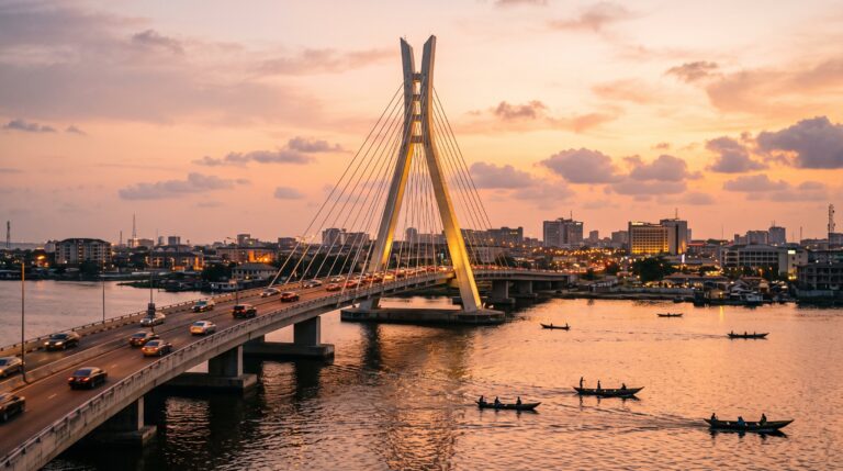 Lekki-Ikoyi Link Bridge in Lagos, Nigeria at golden hour — gateway image for the Nigeria visa and travel hub
