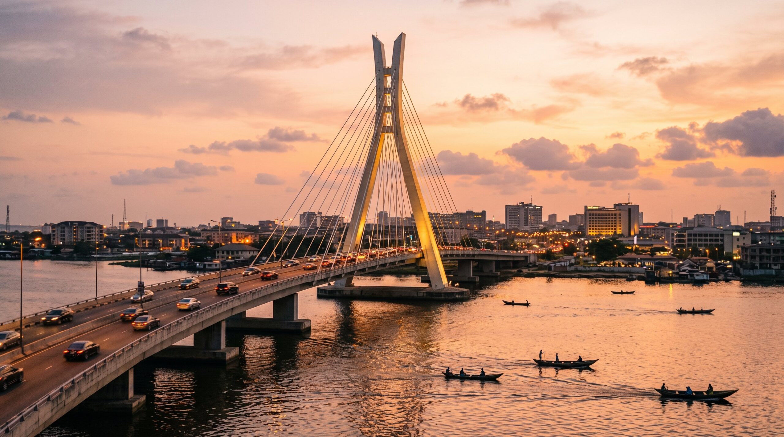 Lekki-Ikoyi Link Bridge in Lagos, Nigeria at golden hour — gateway image for the Nigeria visa and travel hub