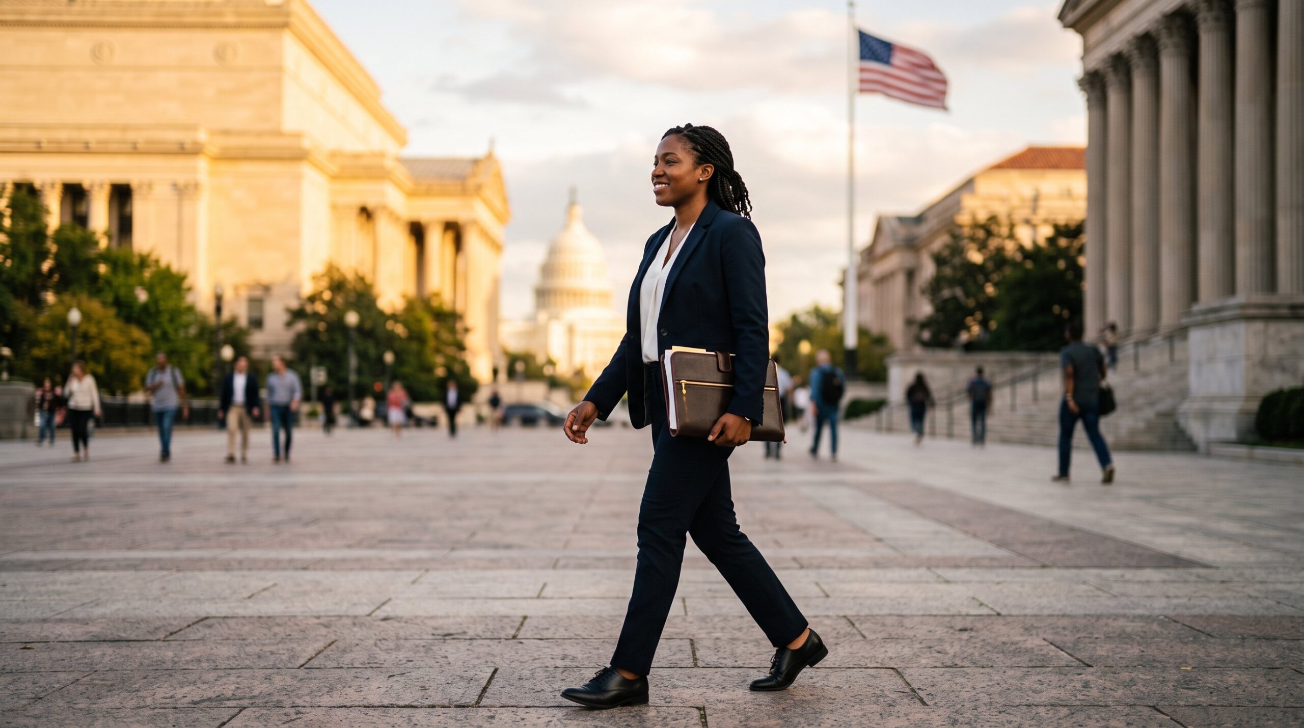 Research scientist walking across a Washington DC plaza carrying petition documents, symbolizing the EB-2 NIW self-petition green card path