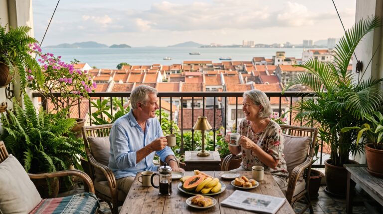 Retired couple enjoying morning coffee on a terrace overlooking George Town, Penang