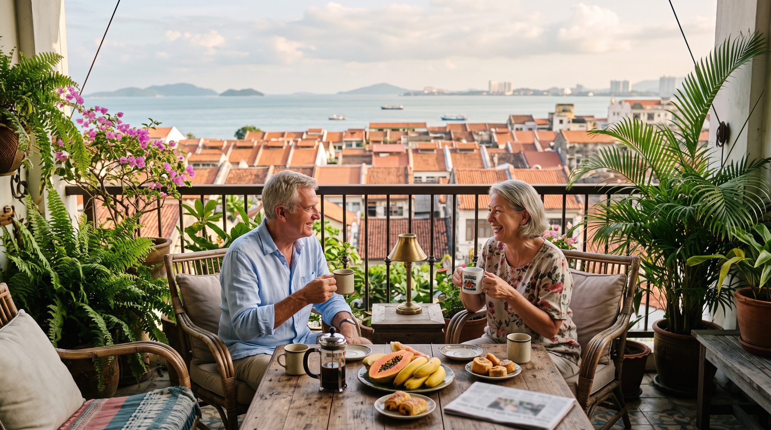 Retired couple enjoying morning coffee on a terrace overlooking George Town, Penang