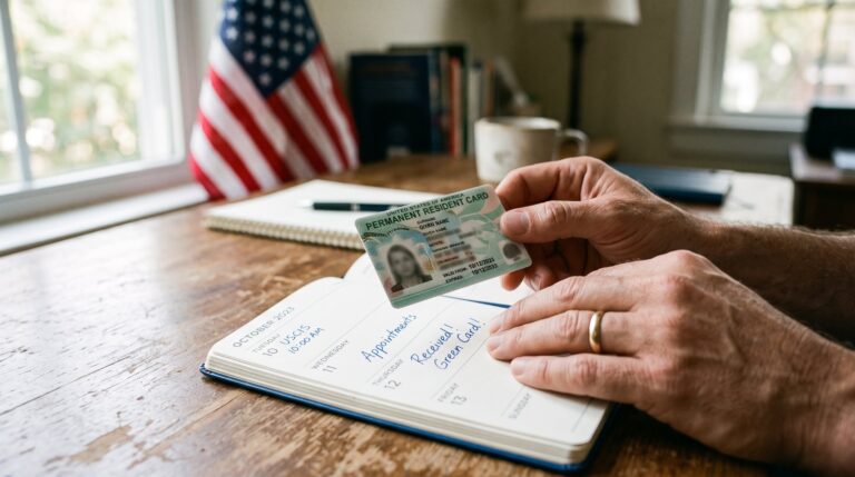 Hands holding a US green card over a calendar planner, symbolizing Visa Bulletin priority date movement