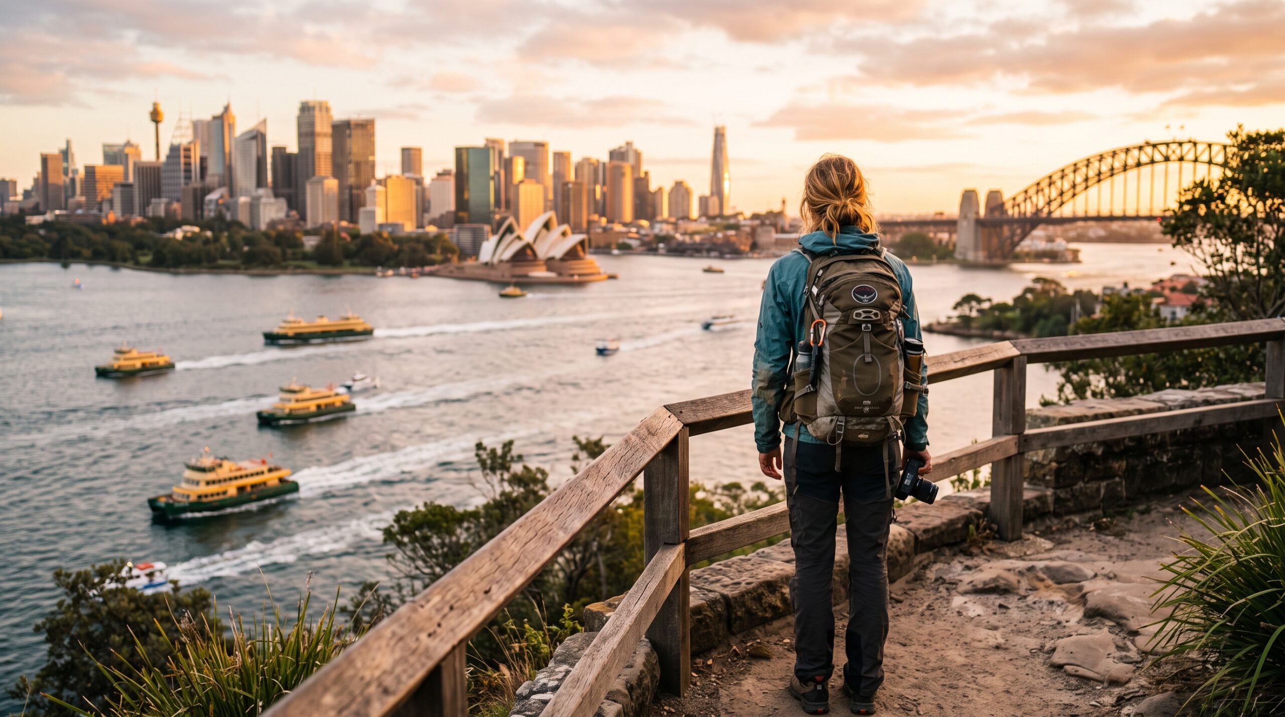 Young backpacker on a working holiday overlooking Sydney Harbour at golden hour