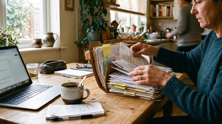 Hands organizing a folder of immigration paperwork at a kitchen table, representing the I-485 adjustment of status application