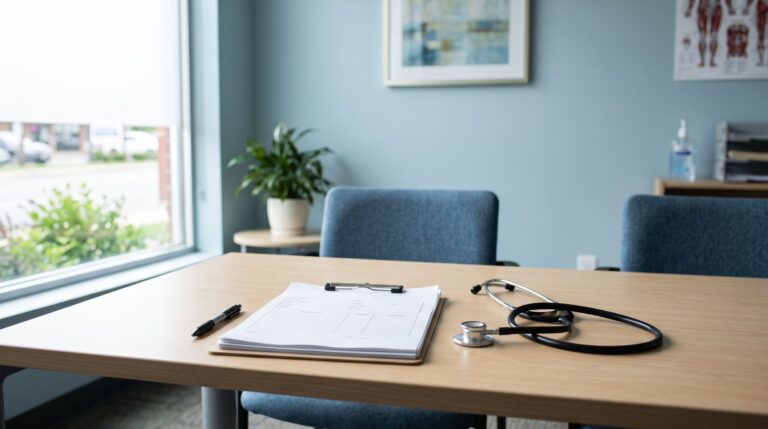 Bright medical clinic room with clipboard and stethoscope, representing the I-693 green card medical exam