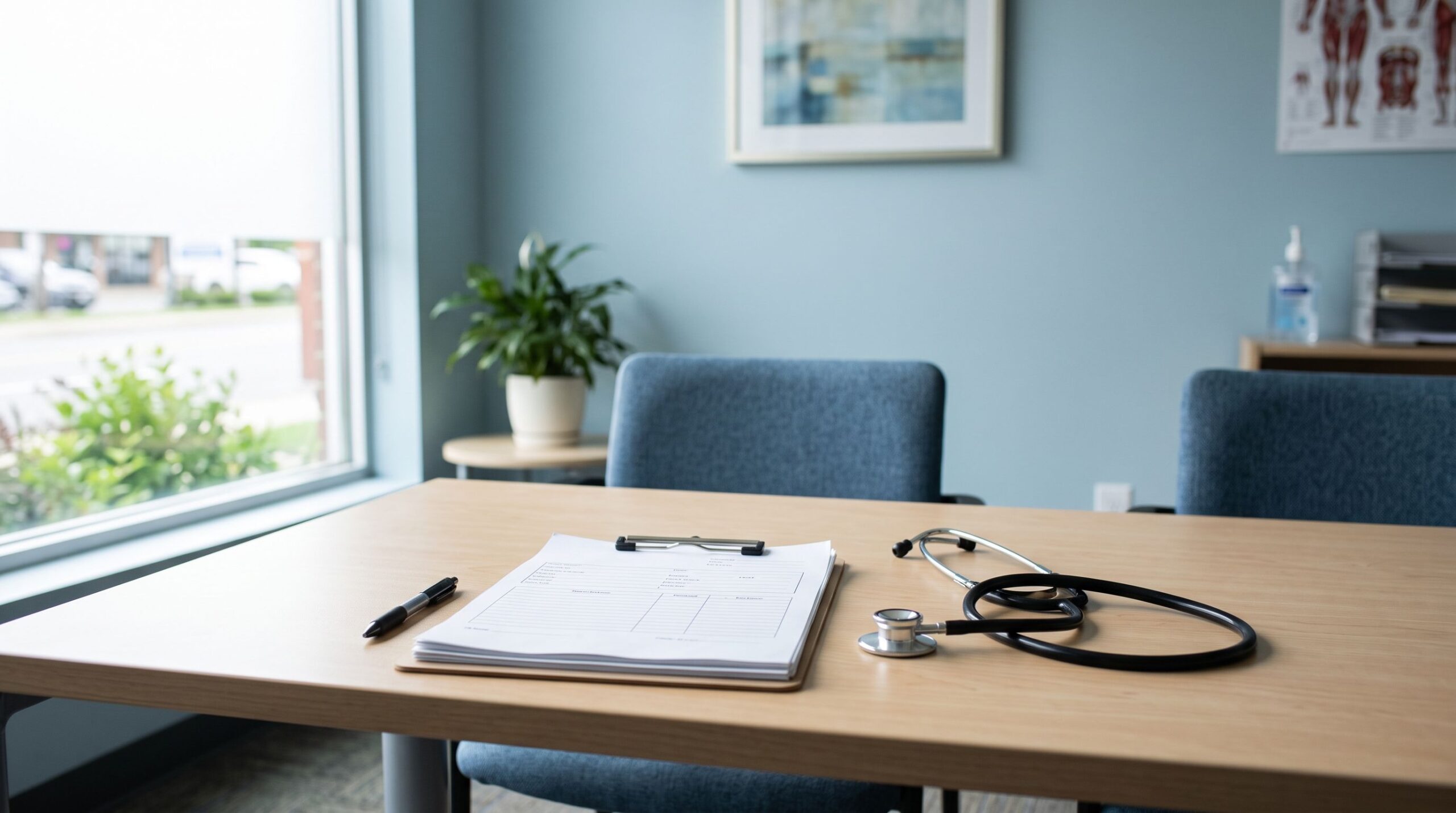 Bright medical clinic room with clipboard and stethoscope, representing the I-693 green card medical exam