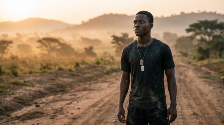 Determined young African man in training gear with dog tags at sunrise on a dirt road