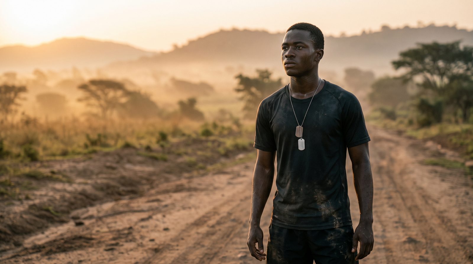 Determined young African man in training gear with dog tags at sunrise on a dirt road