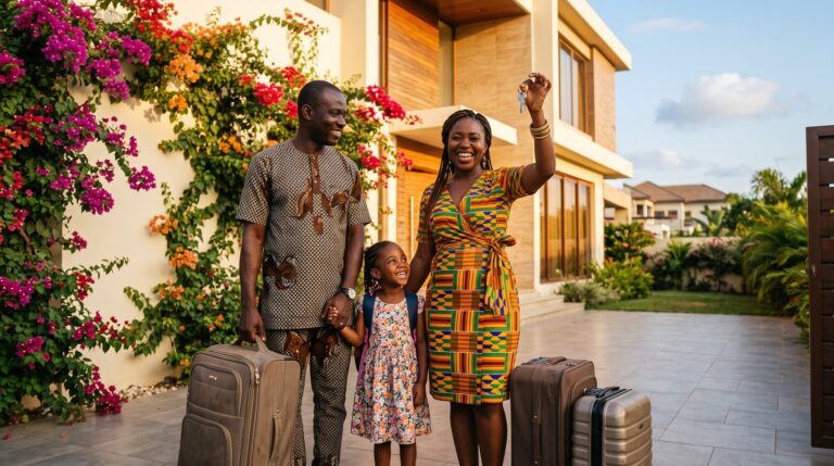 Diaspora family with suitcases holding keys outside their new home in Accra Ghana
