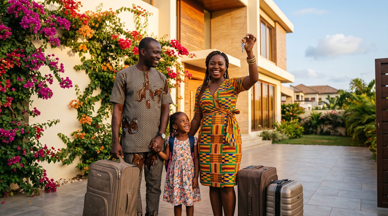 Diaspora family with suitcases holding keys outside their new home in Accra Ghana