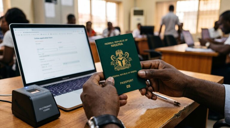 Hands holding a green Nigerian international passport over a desk with an online application