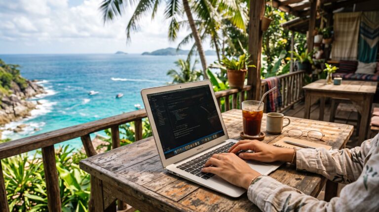 Laptop on a wooden table at a tropical cliffside cafe overlooking the sea, representing digital nomad visas