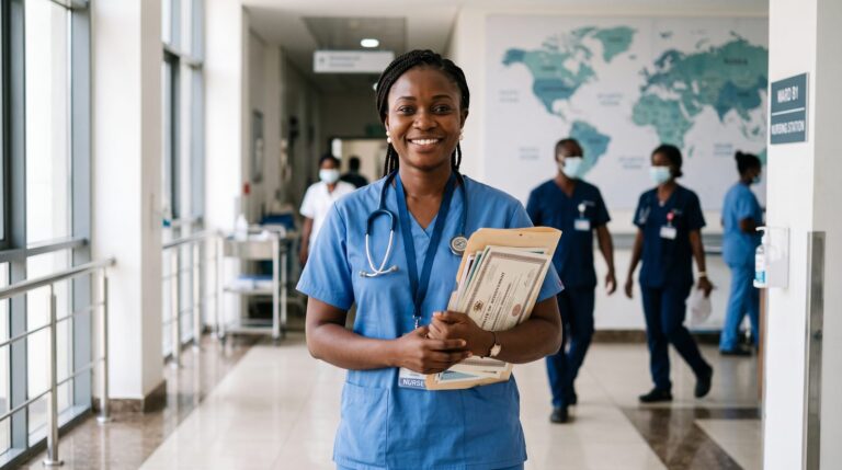 West African nurse in scrubs holding her certificates in a modern hospital corridor