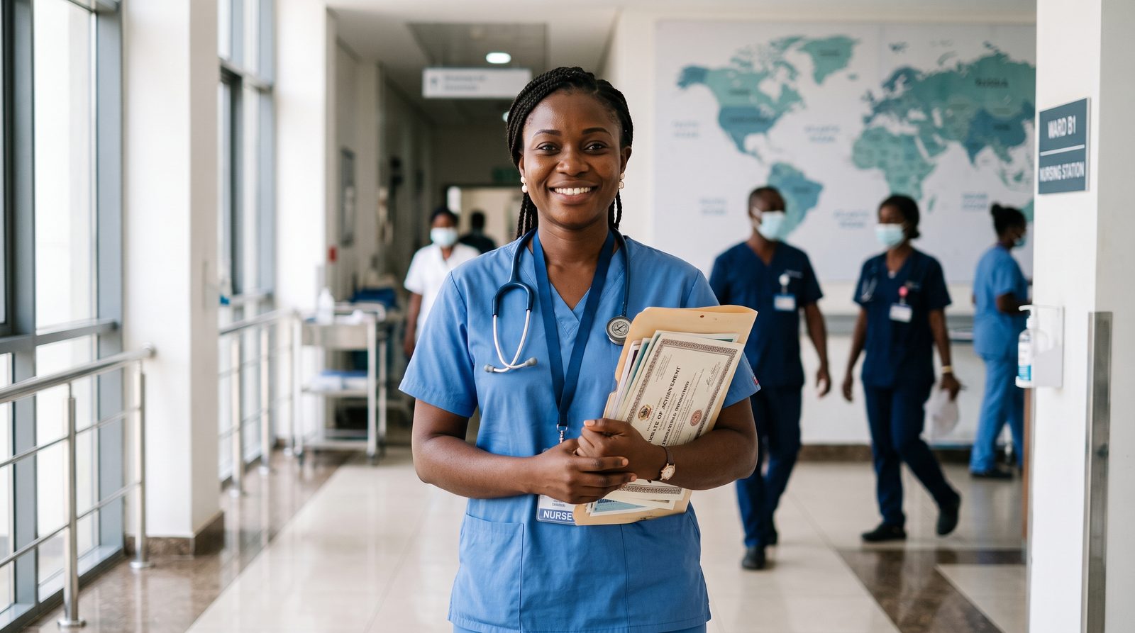 West African nurse in scrubs holding her certificates in a modern hospital corridor