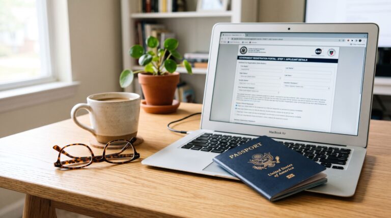 US passport beside a laptop with a blurred form on screen, representing online passport renewal