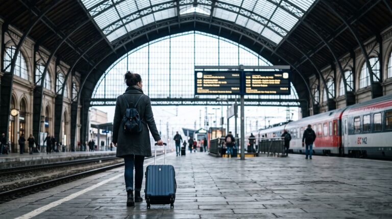 Traveler with rolling suitcase on a European railway platform, representing the Schengen 90 180 day rule