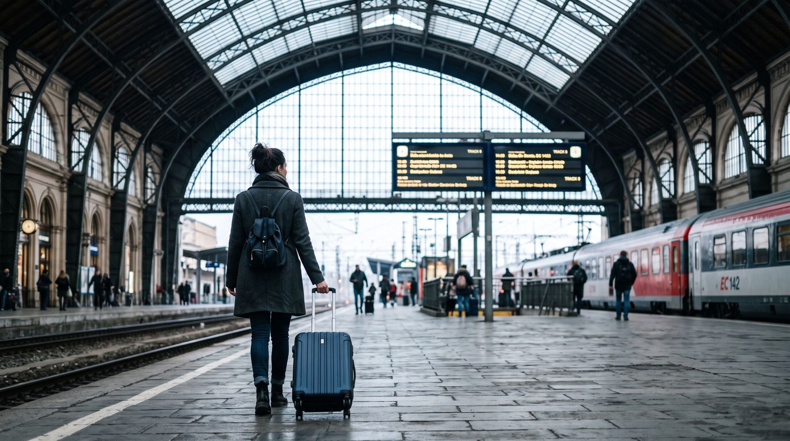 Traveler with rolling suitcase on a European railway platform, representing the Schengen 90 180 day rule
