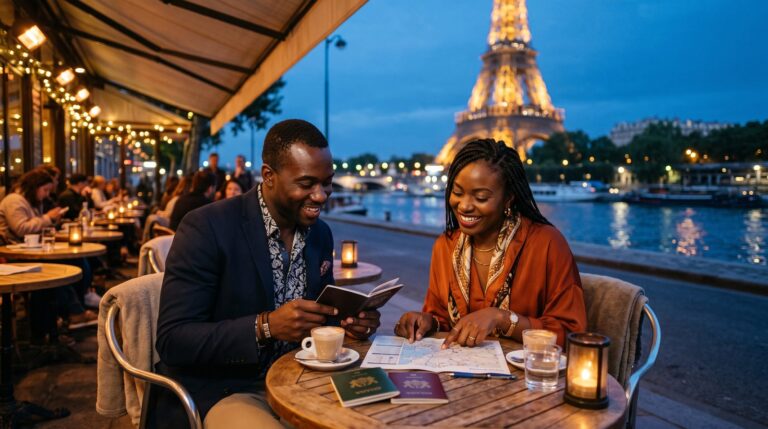 Ghanaian couple reviewing Schengen travel documents with the Eiffel Tower at dusk behind them