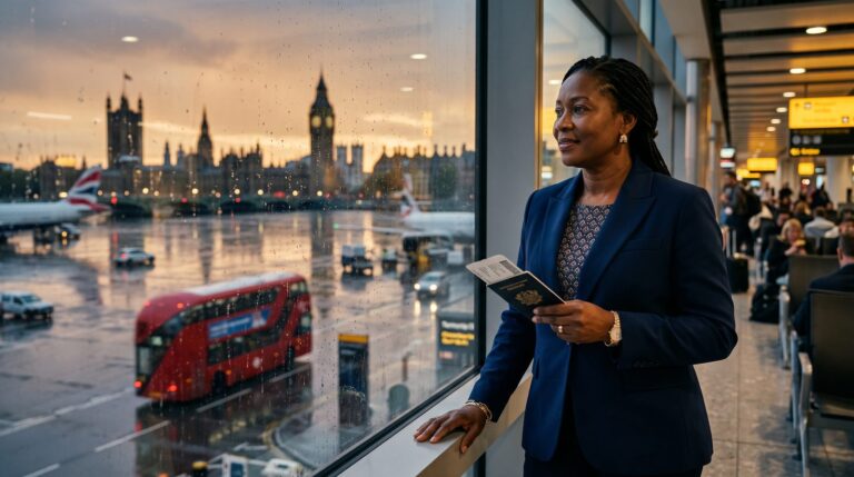 Ghanaian traveler holding her passport at the airport before a trip to London