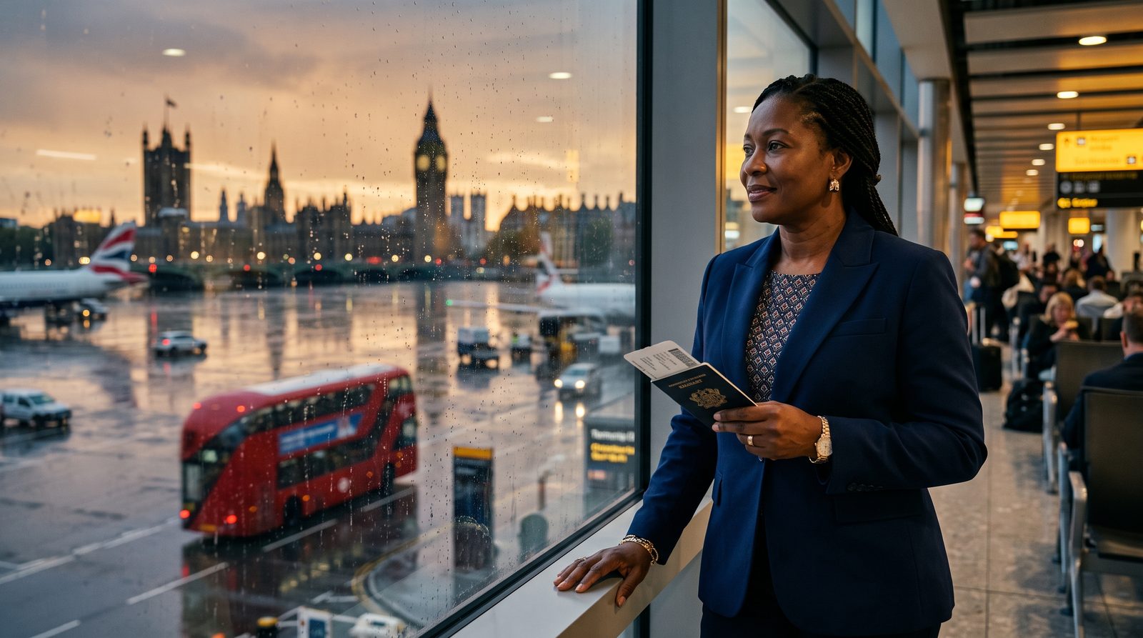 Ghanaian traveler holding her passport at the airport before a trip to London