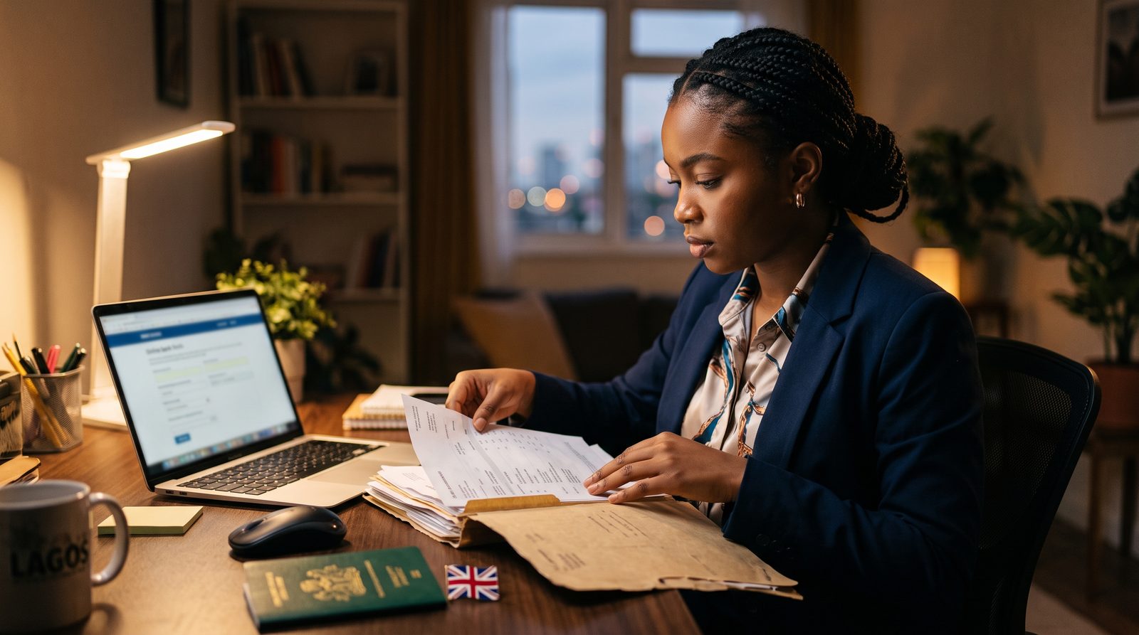 Nigerian woman preparing bank statements and documents for a UK visa application in Lagos