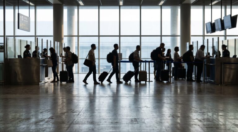 Travelers at an international airport passport control area, representing the 2026 US travel ban on 39 countries