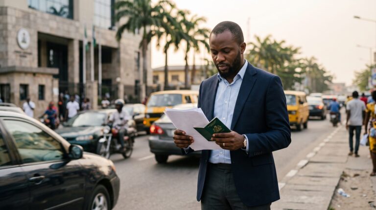 Nigerian professional holding his green passport and documents outside a consular building in Lagos