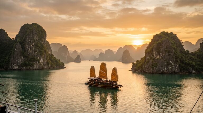Ha Long Bay Vietnam at golden hour with traditional junk boat, representing the Vietnam e-visa travel guide