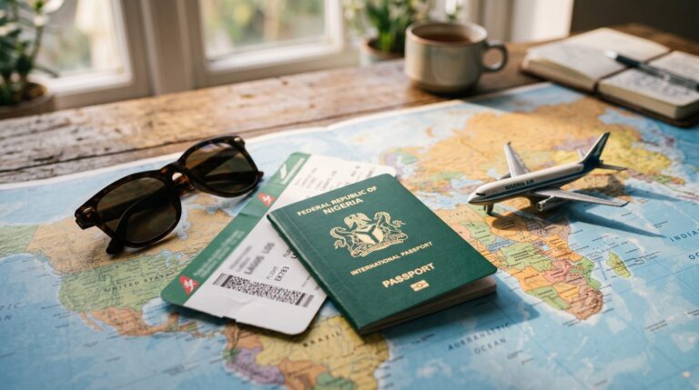 Nigerian passport on a world map with a boarding pass, ready for visa-free travel