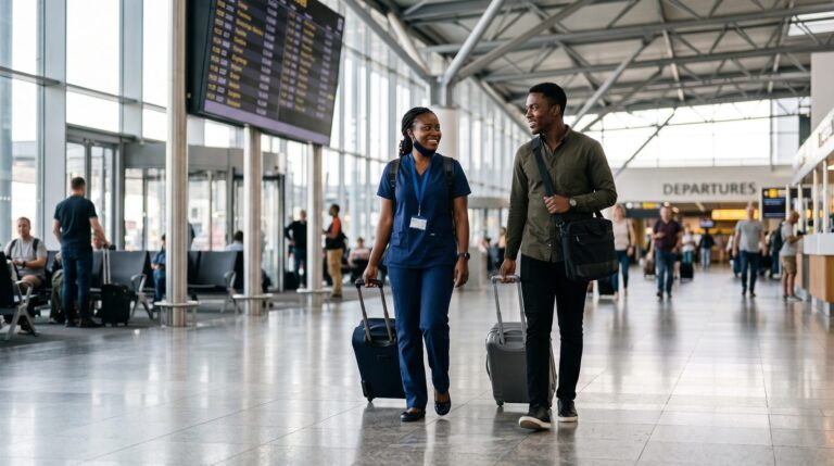 Ghanaian nurse and engineer walking through an airport departures hall with luggage