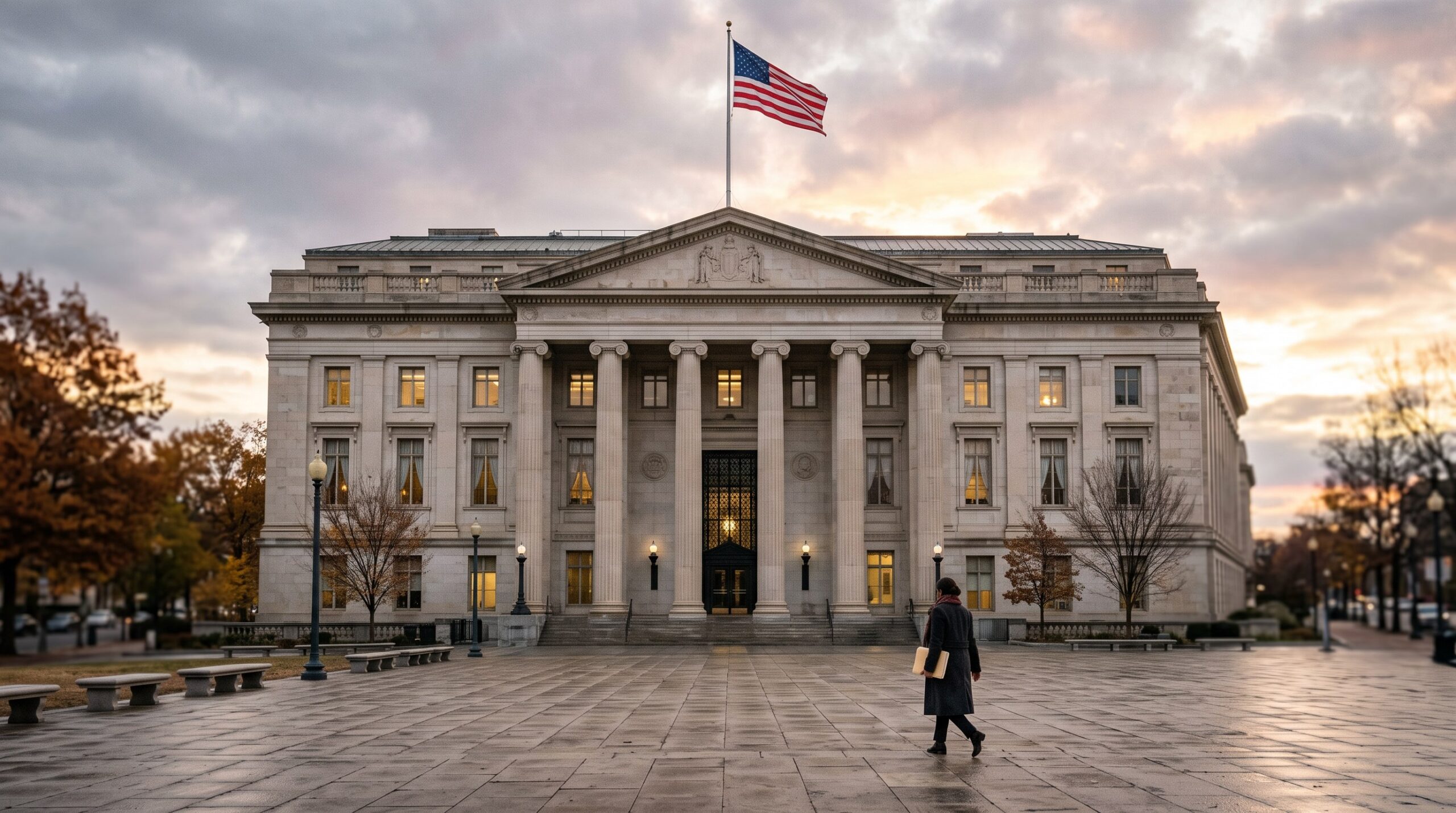 Lone applicant carrying a document folder walks toward a neoclassical U.S. federal building at dawn — waiting on the delayed October 2026 Visa Bulletin