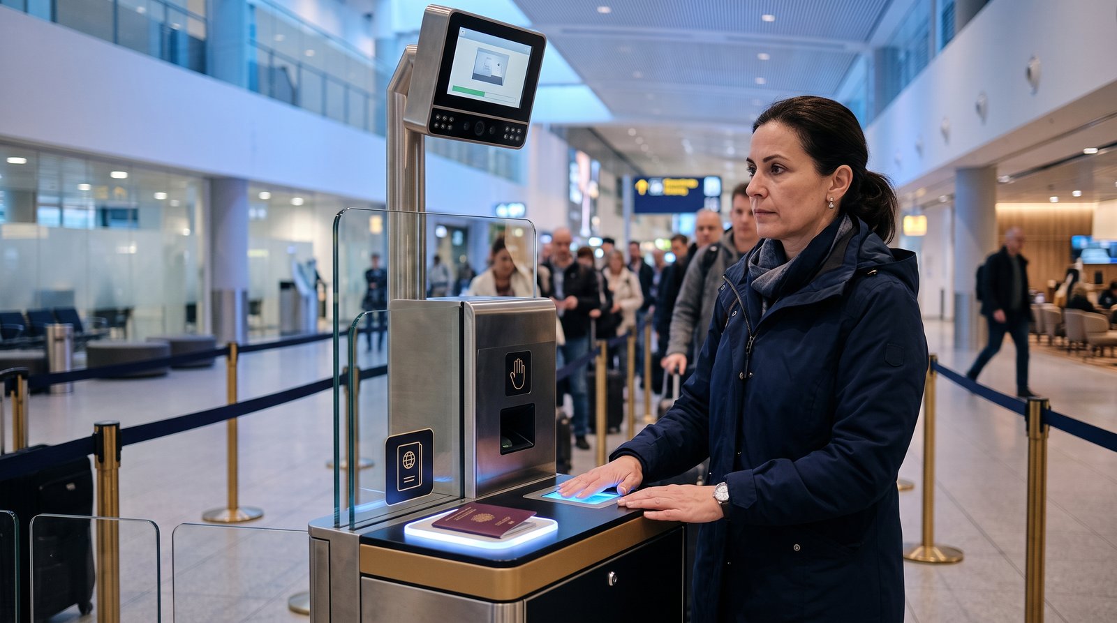 Traveller scanning fingerprints and face at an EU Entry/Exit System self-service border kiosk